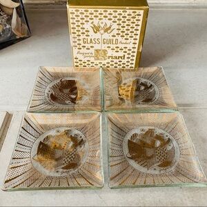 Mid Century Georges Briard Gold Etched Boxed Glass Plate Set | Set of 4 | Birds